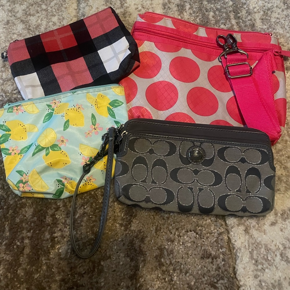 Assorted makeup bags, wallet and bags